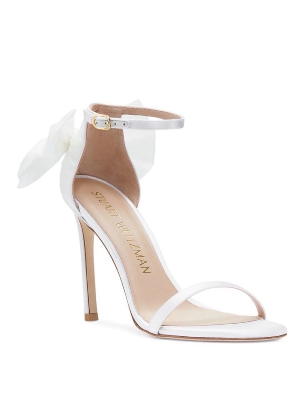 Stuart Weitzman Ivory Satin Ankle-Strap Heels with bow